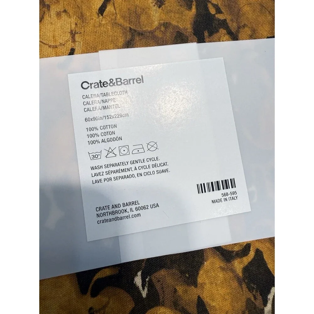 NWT Crate & Barrel 60x90” Tablecloth Yellow Gold Abstract Made Italy Cotton